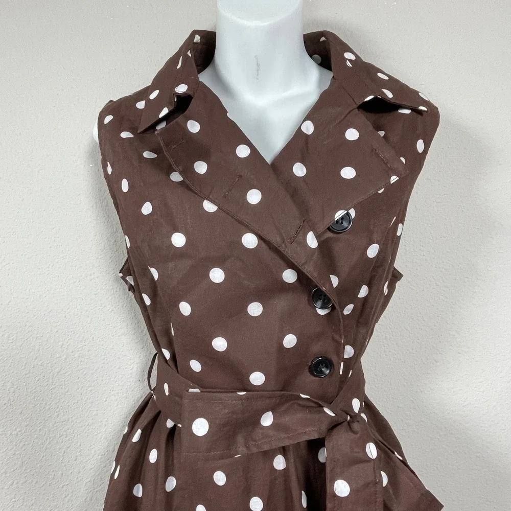 Linen Vibes Polka Dot Midi Dress Women M Brown Rockabilly Feminine Sleeveless - Picture 3 of 11